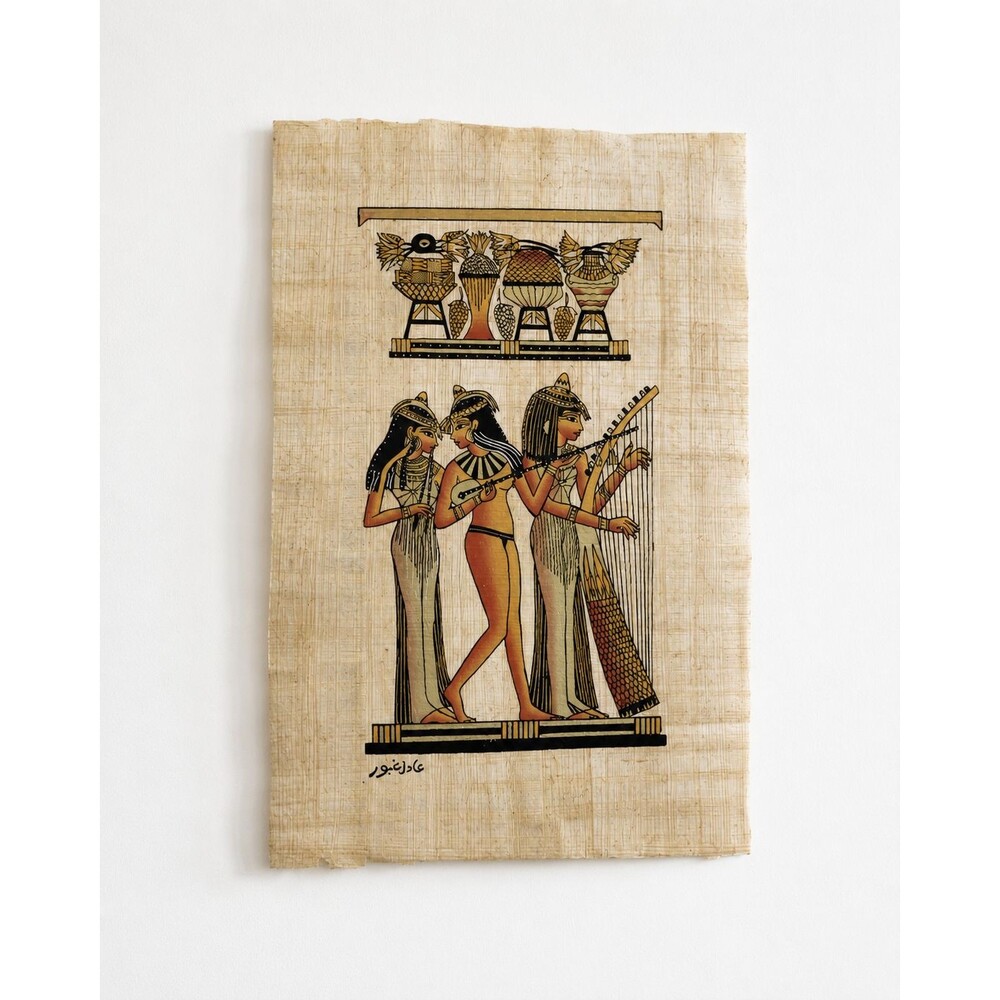 Signed Adel Ghabour Egyptian Papyrus Art 13x9 Women Musician Wall Decor Unframed
